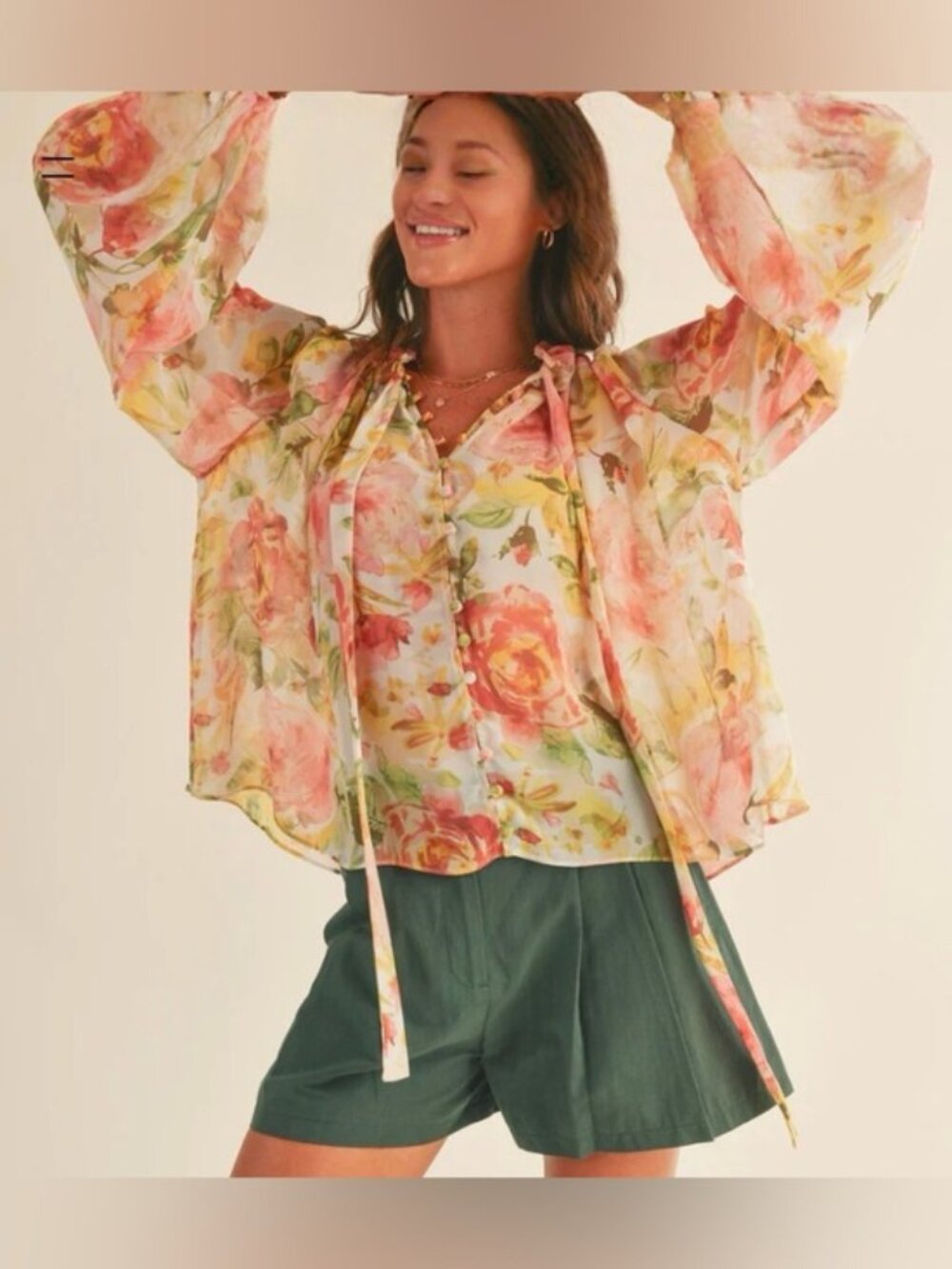 RESET by Jane Flora Botanical Floral Blouse Boho Style Tie-Neck Sheer Pastel